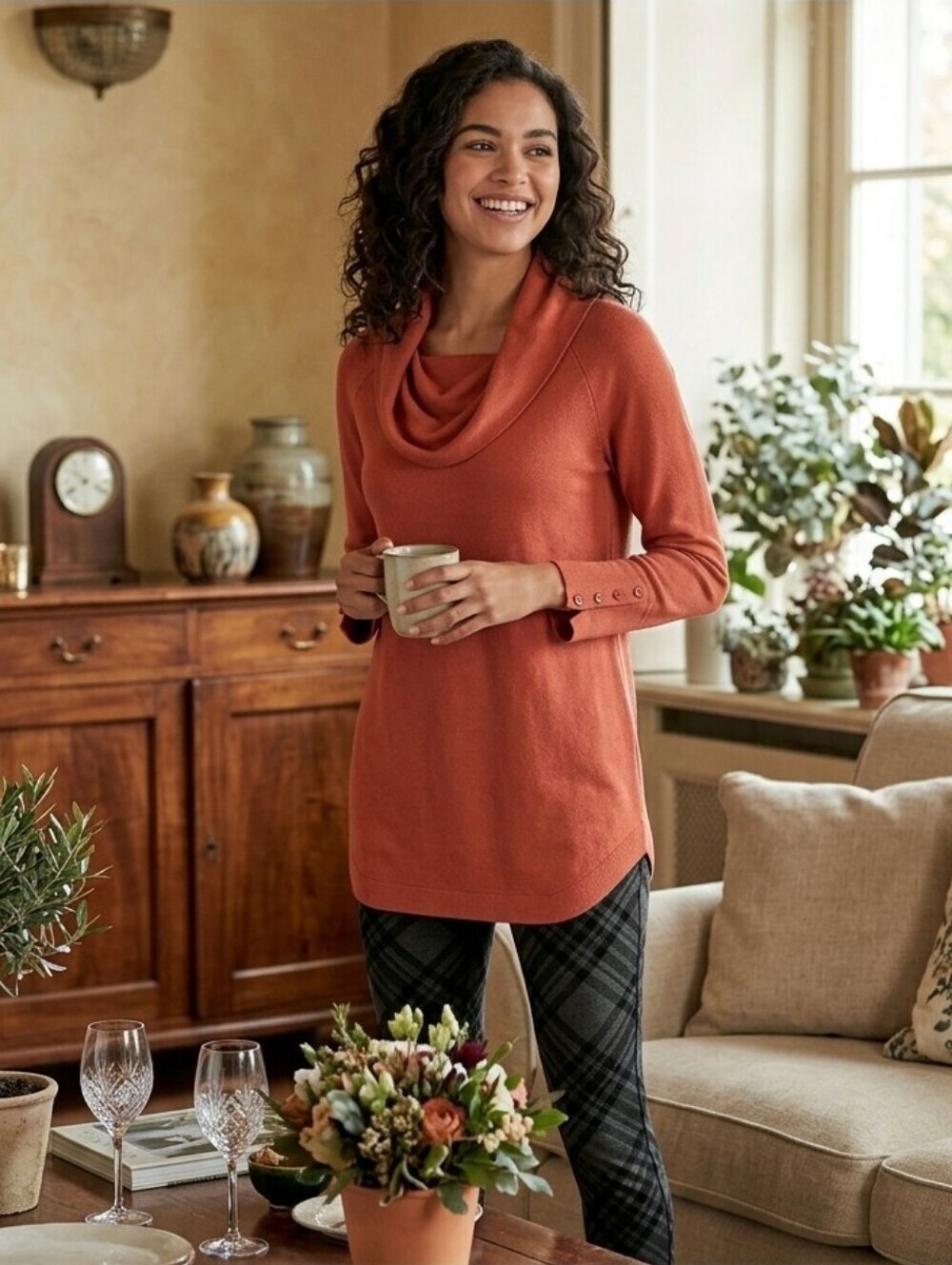 Soft Surroundings Womens Size Medium Cowl Neck Tunic Snap Buttons Rust